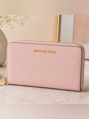 Michael Kors Pink Pebbled Leather Zip-Around Wallet with Gold hardware